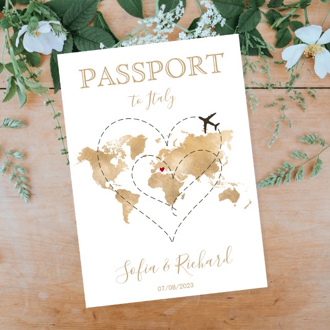 Wedding Destination Passport Gold World Map Heart Invitation (Creator Uploaded)