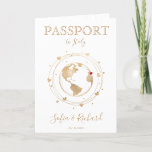 Wedding Destination Passport Gold World Map Heart Invitation