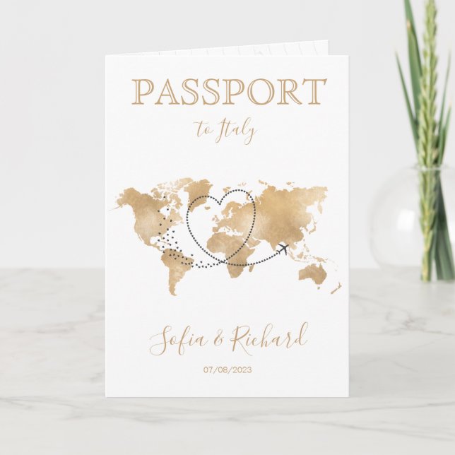 Wedding Destination Passport Gold World Map Invita Invitation (Front)