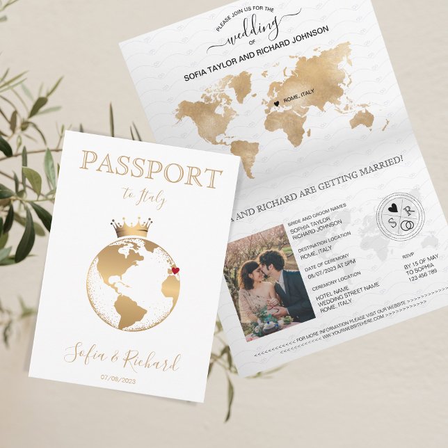 Wedding Destination Passport Gold World Map Invita Invitation (Creator Uploaded)