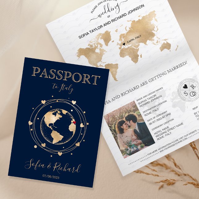 Wedding Destination Passport Gold World Map Invita Invitation (Creator Uploaded)