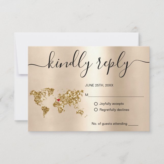 Wedding Destination Passport Gold World Map Invita RSVP Card (Front)