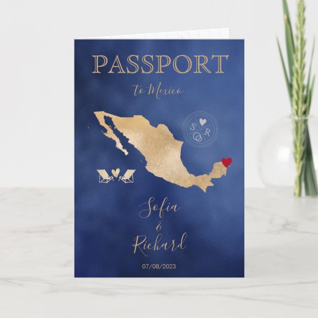 Wedding Destination Passport Gold World Map Mexico Invitation (Front)