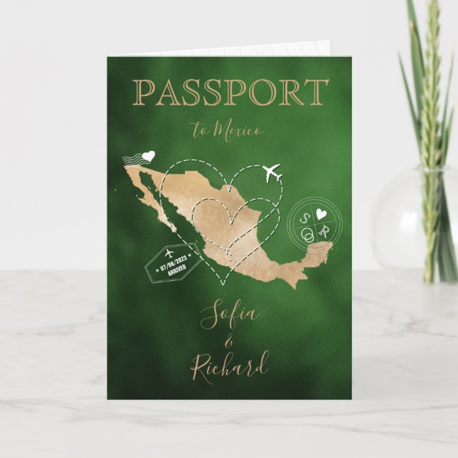Wedding Destination Passport Gold World Map Mexico Invitation (Front)