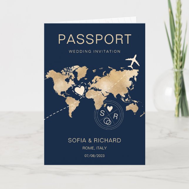 Wedding Destination Passport Gold World Map Plane  Invitation (Front)