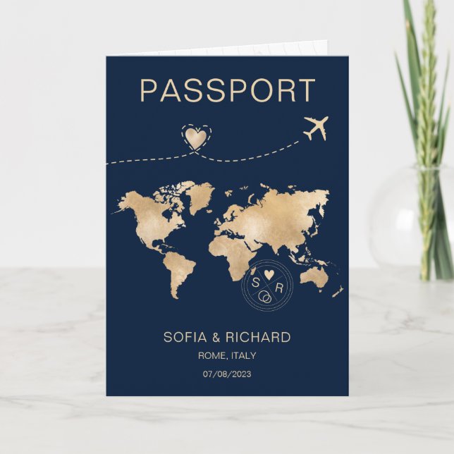 Wedding Destination Passport Gold World Map Plane Invitation (Front)