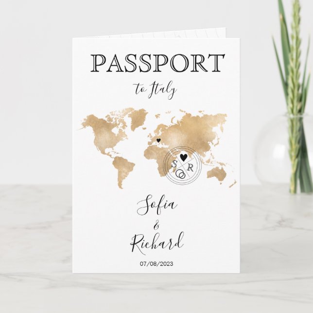Wedding Destination Passport Gold World QR code Invitation (Front)