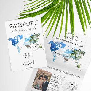 Wedding Destination Passport Green World Map Palm  Invitation