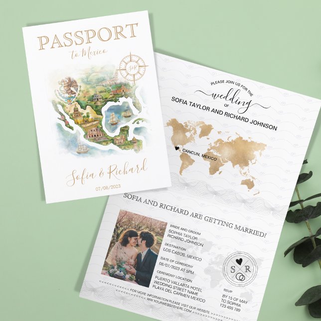 Wedding Destination Passport Mexico Map Invitation (illustrated watercolor map of mexico)