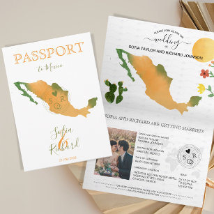 Wedding Destination Passport Mexico Map Watercolor Invitation