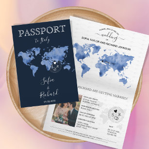 Wedding Destination Passport Navy Blue World Map Invitation