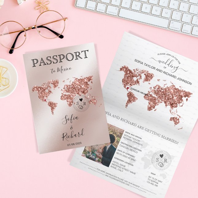 Wedding Destination Passport Rose Gold World Map Invitation (Creator Uploaded)