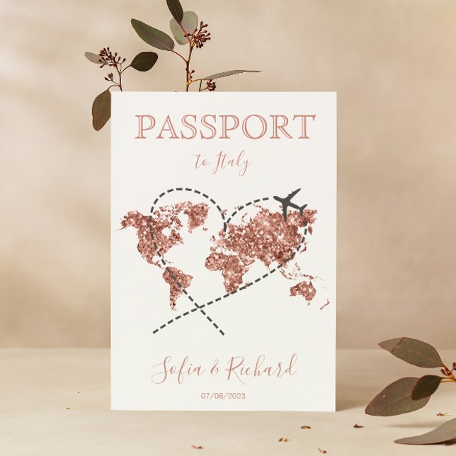 Wedding Destination Passport Rose Gold World Map Invitation (Creator Uploaded)