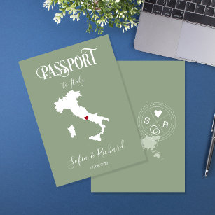 Wedding Destination Passport World Map Italy Sage  Invitation