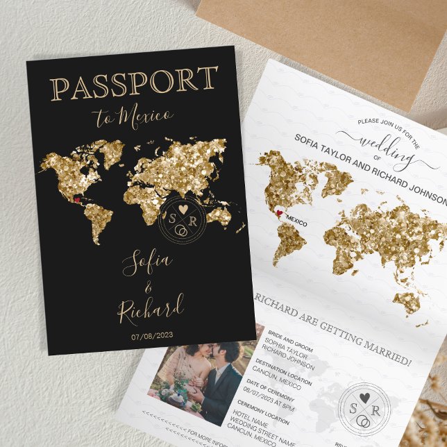 Wedding Destination Passport World Map Mexico Invitation (gold glitter and black passport wedding invitation)