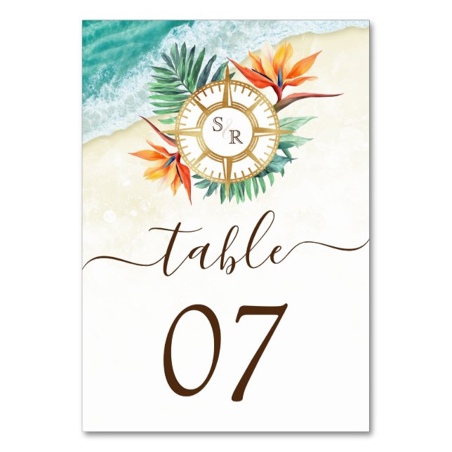 Wedding Destination World Map Compass Monogram Table Number (Front)