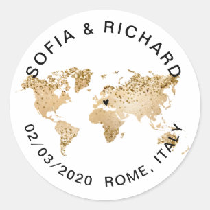 Wedding Destination World Map Gold Removable Heart Classic Round Sticker