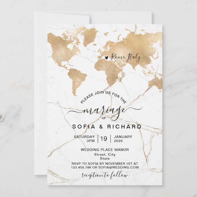 Wedding Destination World Map Gold Removable Heart Invitation (Front)