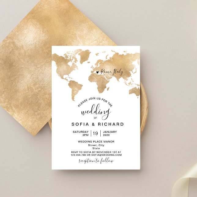 Wedding Destination World Map Gold Removable Heart Invitation (Creator Uploaded)