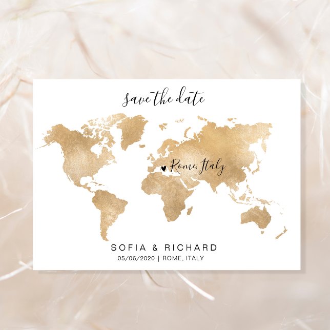Wedding Destination World Map Gold Removable Heart Invitation (Creator Uploaded)