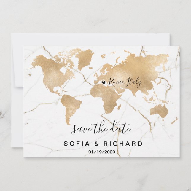 Wedding Destination World Map Gold Removable Heart Invitation (Front)