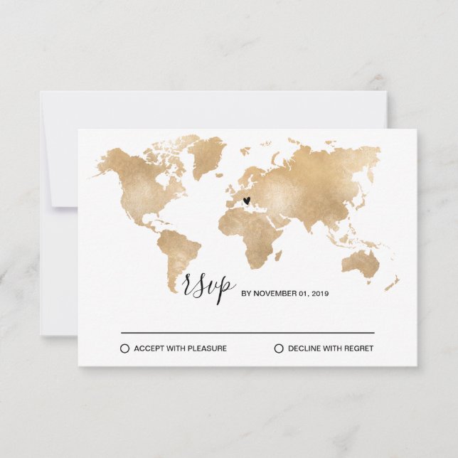Wedding Destination World Map Gold Removable Heart RSVP Card (Front)