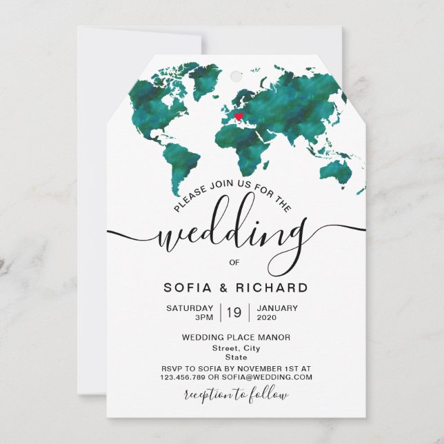 Wedding Destination World Map Heart Invitation (Front)