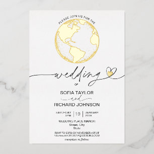 Wedding Destination World Map Typography Gold Foil