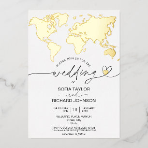 Wedding Destination World Map Typography Gold Foil