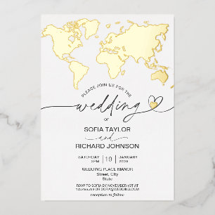 Wedding Destination World Map Typography Gold Foil