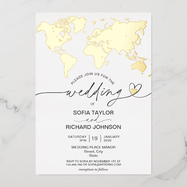 Wedding Destination World Map Typography Gold Foil (Front)