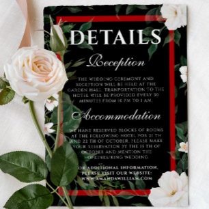 Wedding Details Black and Red Elegant White Floral Enclosure Card