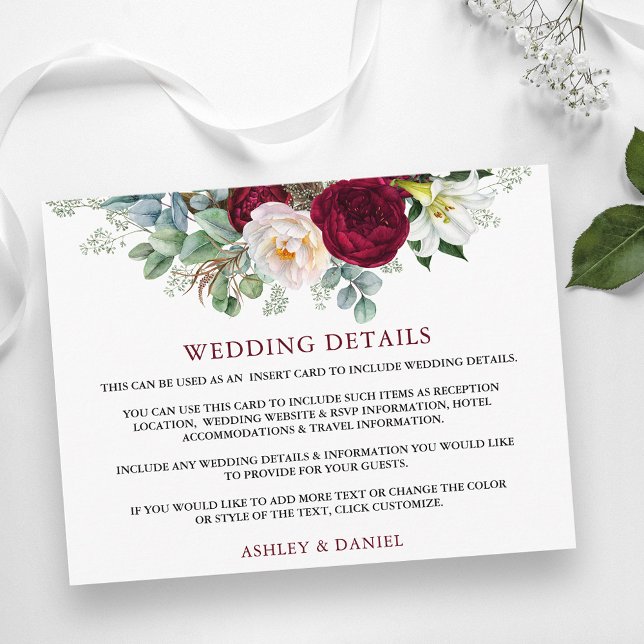 Wedding Details Burgundy Floral Insert Card (Customize to change text color, text style or add text & photos to back of card.)