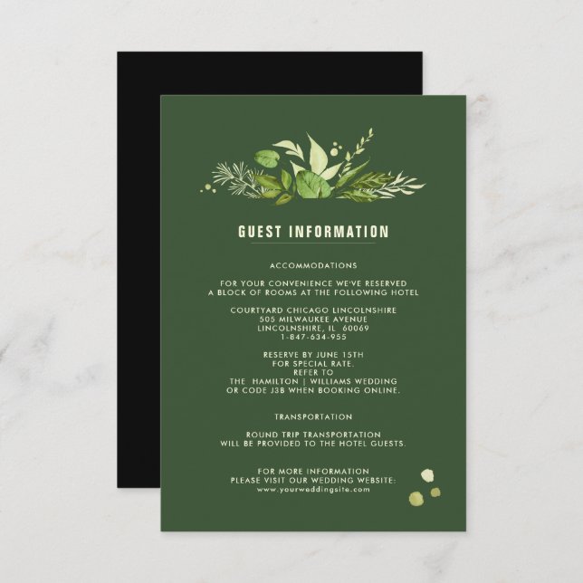 Wedding Details Cards | Green Black Botanical (Front/Back)