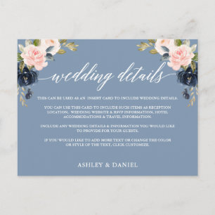 Wedding Details Dusty Blue Pink Floral Insert Card