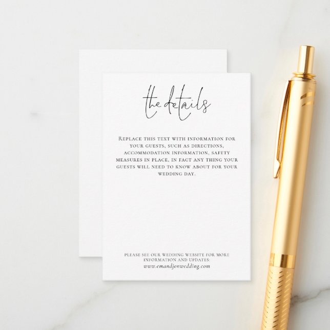 Wedding Details Elegant Script Simple Black White Enclosure Card (Front/Back In Situ)