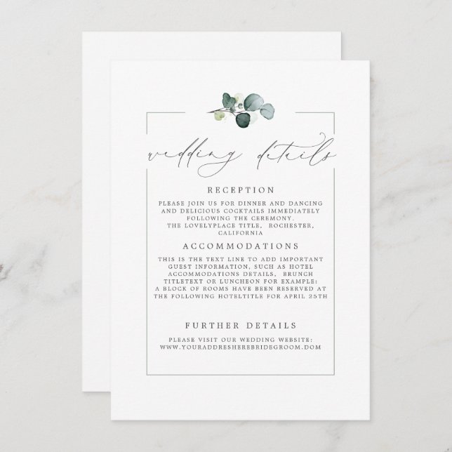 Wedding Details Eucalyptus Greenery Modern Card (Front/Back)
