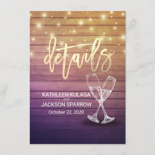 Wedding Details Information Champagne Glasses Wood Enclosure Card