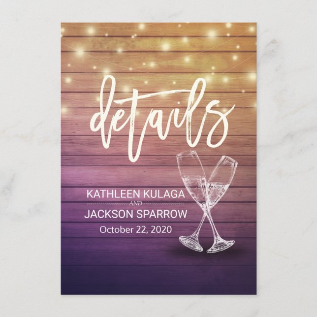 Wedding Details Information Champagne Glasses Wood Enclosure Card (Front)