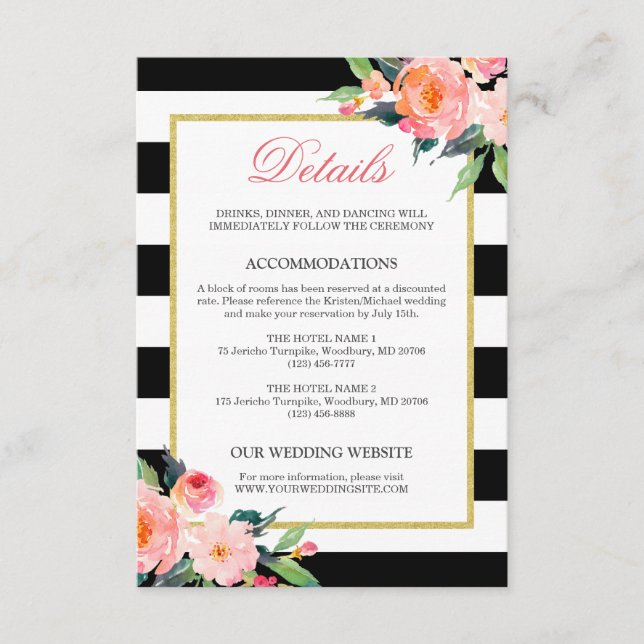Wedding Details Modern Floral Black White Stripes Enclosure Card (Front)