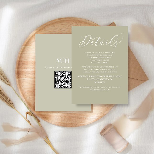 Wedding Details QR Code RSVP Sage Green Enclosure Card (Wedding details enclosure card with elegant calligraphy script)