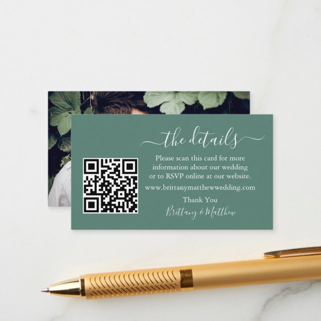 Wedding Details QR Photo Eucalyptus Green Enclosure Card (Front/Back In Situ)