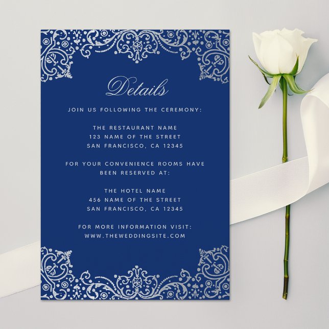 Wedding Details Royal Blue Silver Elegant Antique Enclosure Card (Creator Uploaded)