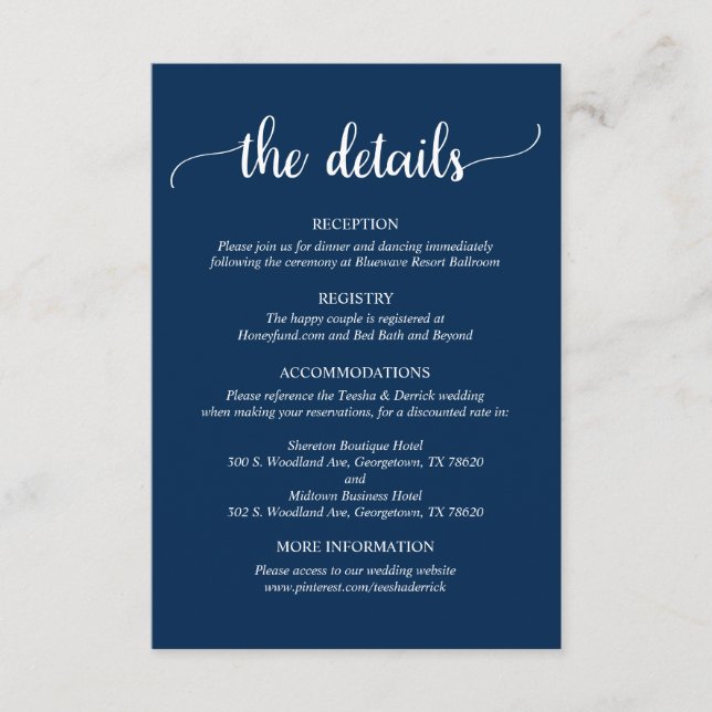 Wedding Details, Rustic Navy Blue Script Enclosure Card (Front)