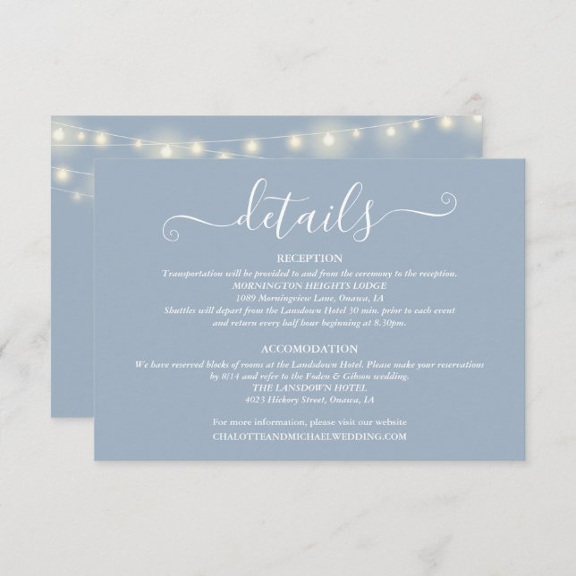 Wedding Details Spring Lights Script Dusty Blue Enclosure Card (Front/Back)