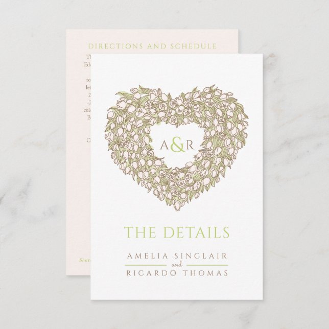 Wedding details tulip bouquet monogram green brown enclosure card (Front/Back)