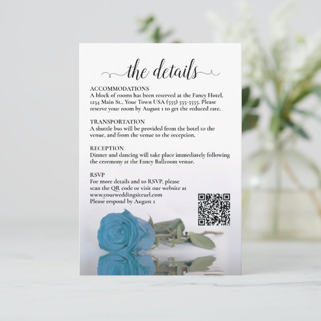 Wedding Details Turquoise Blue Rose QR Code Encl Enclosure Card (Standing Front)