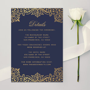 Wedding Details Vintage Navy Blue Faux Gold Ornate Enclosure Card