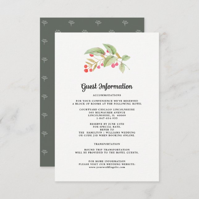 Wedding Details | Watercolor Berry Branch Card (Front/Back)