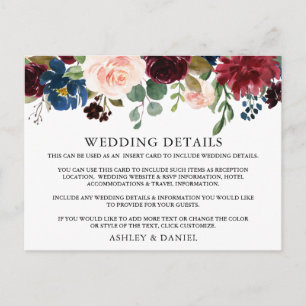 Wedding Details Watercolor Floral Insert Card